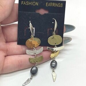 Sterling Silver Mixed Metal Geometric Drop Earrings Hematite Leaf Dangle MM403